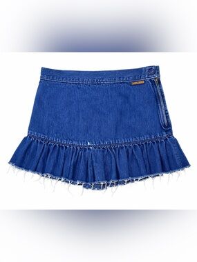 Vintage 70s Landlubber Denim Ruffle Mini Skirt Raw Hem Boho Festival Y2K XS